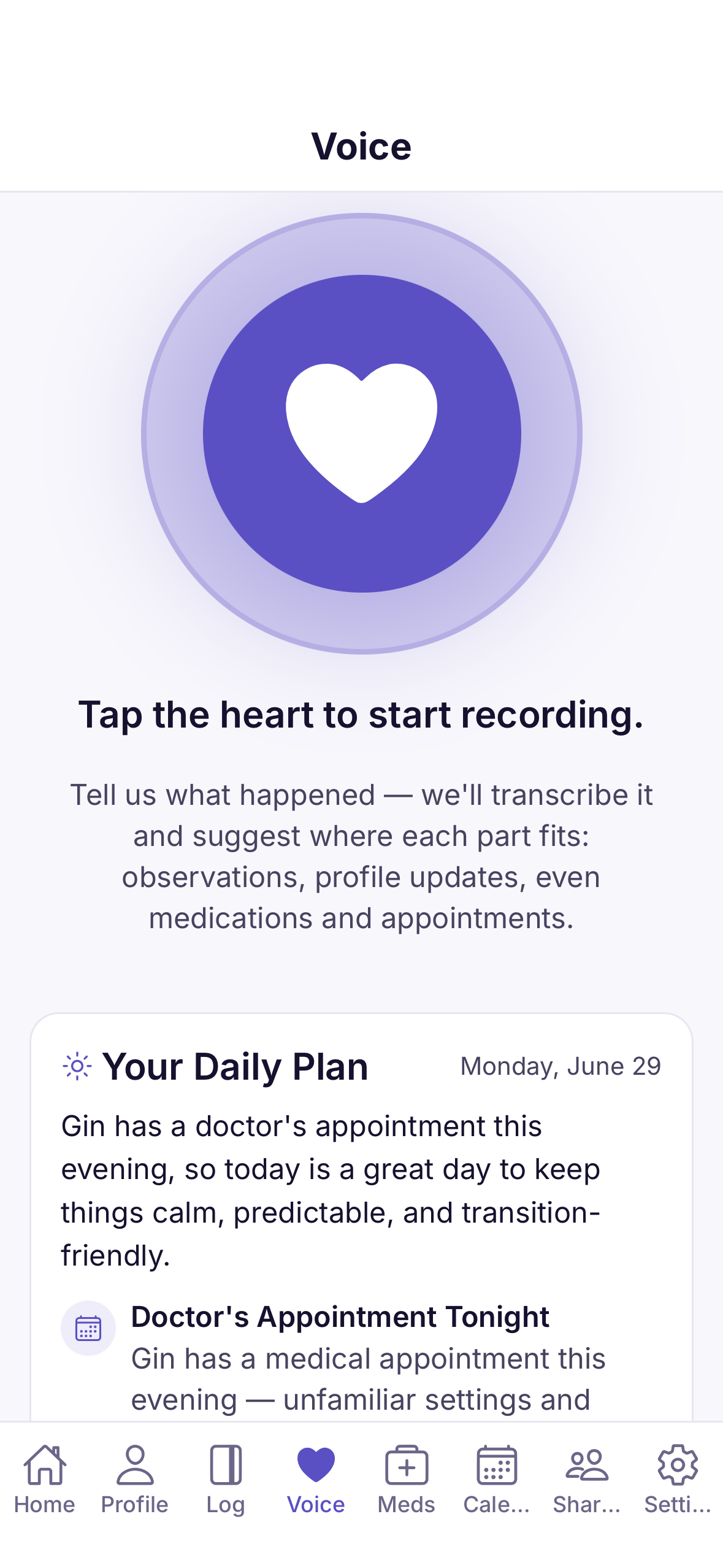 The Know My Child Voice screen with a glowing heart record button and a personalized Daily Plan card